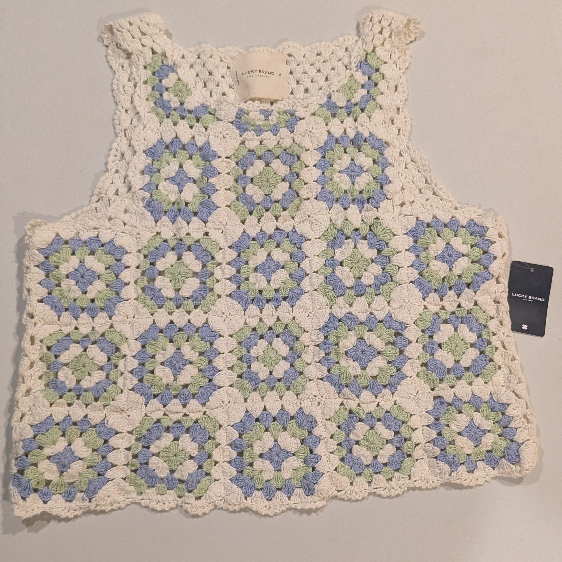 Lucky Brand Crochet Tank With Blue And Green Squares